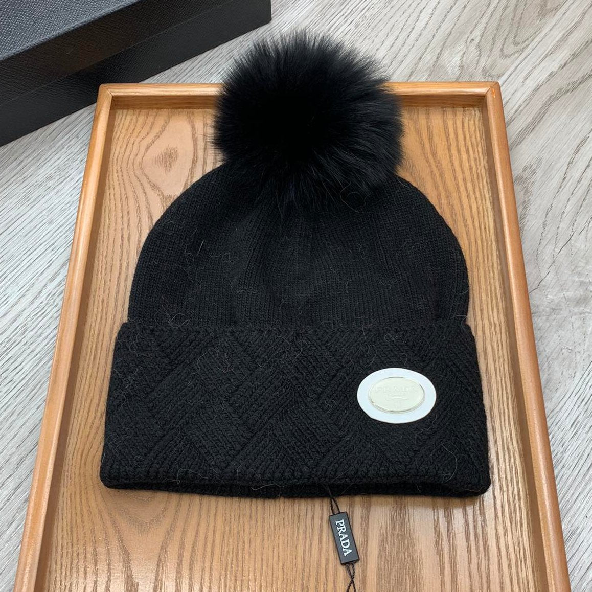 BEANIE HAT IN BLACK WOOL AND RABBIT FUR 346717