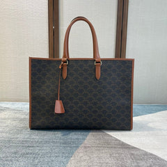 CELINE 25S HORIZONTAL CABAS 43MM IN BLACK TRIOMPHE CANVAS AND TAN BROWN CALFSKIN