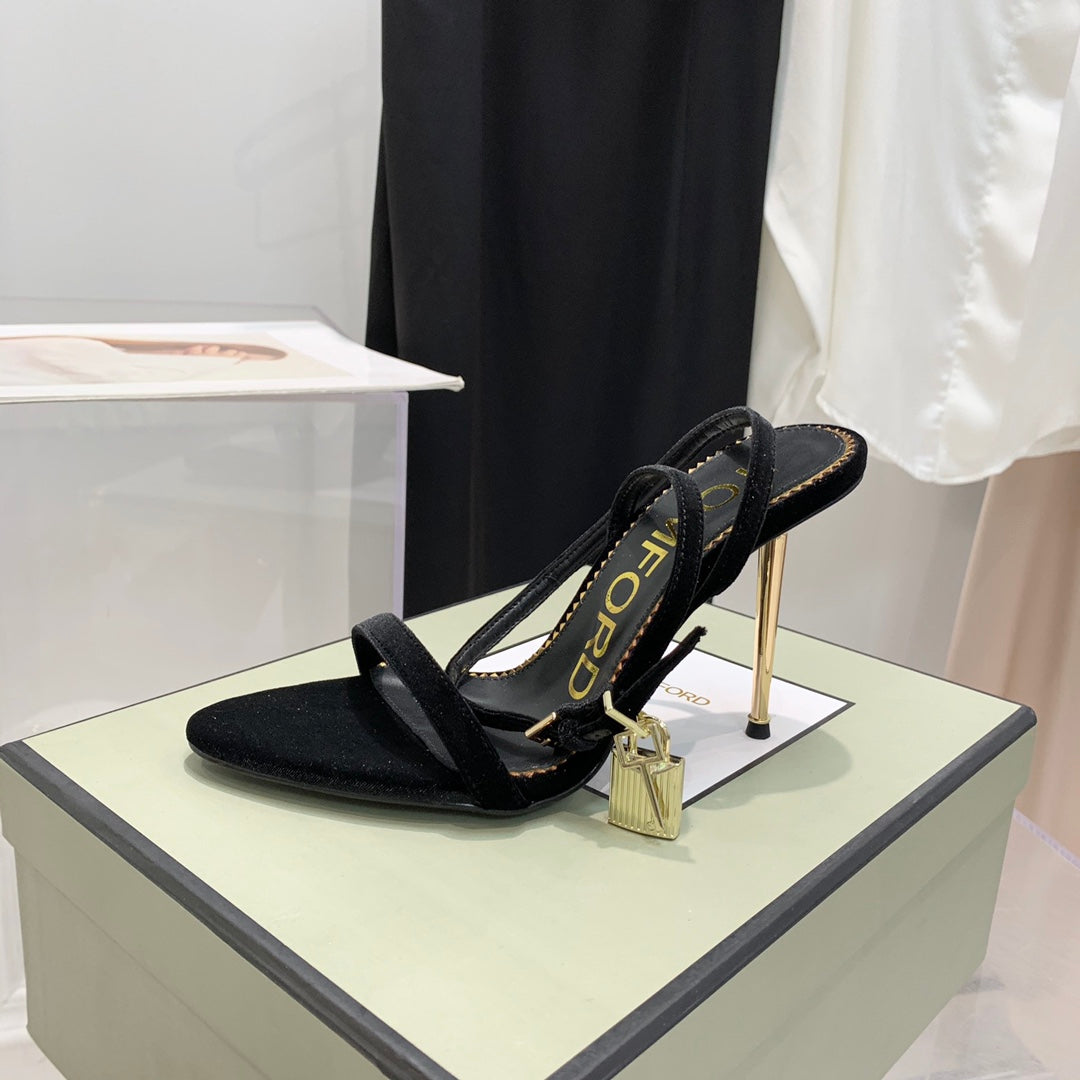 PADLOCK HIGH HEEL 10 CM SANDAL IN BLACK VELVET