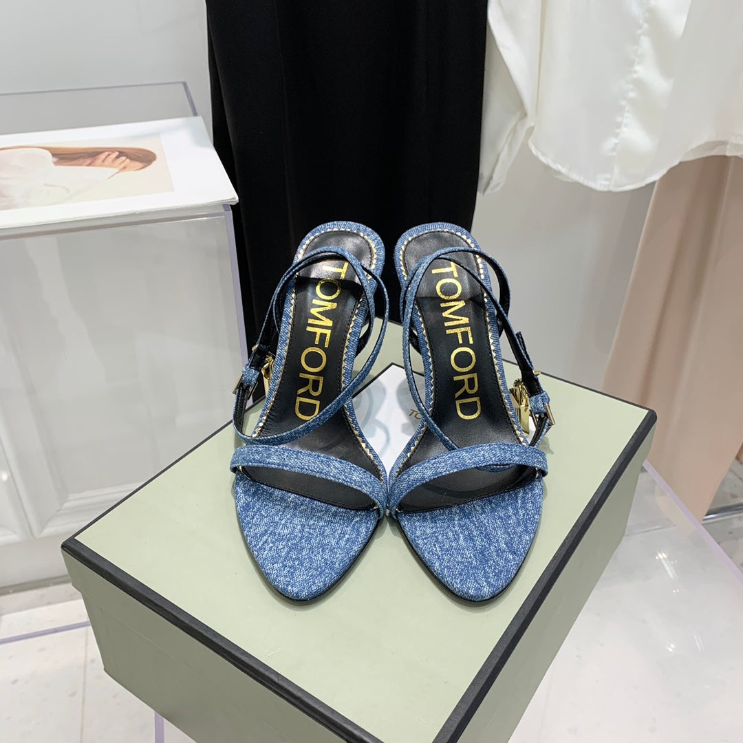 PADLOCK HIGH HEEL 10 CM SANDAL IN LIGHT BLUE DENIM