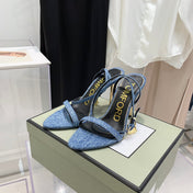 PADLOCK HIGH HEEL 10 CM SANDAL IN LIGHT BLUE DENIM