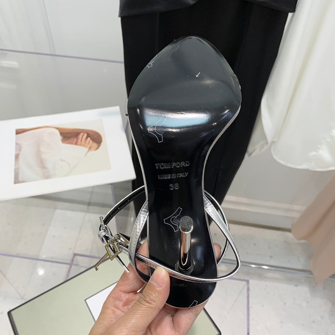 PADLOCK HIGH HEEL 10 CM SANDAL IN SILVER SHEEPSKIN