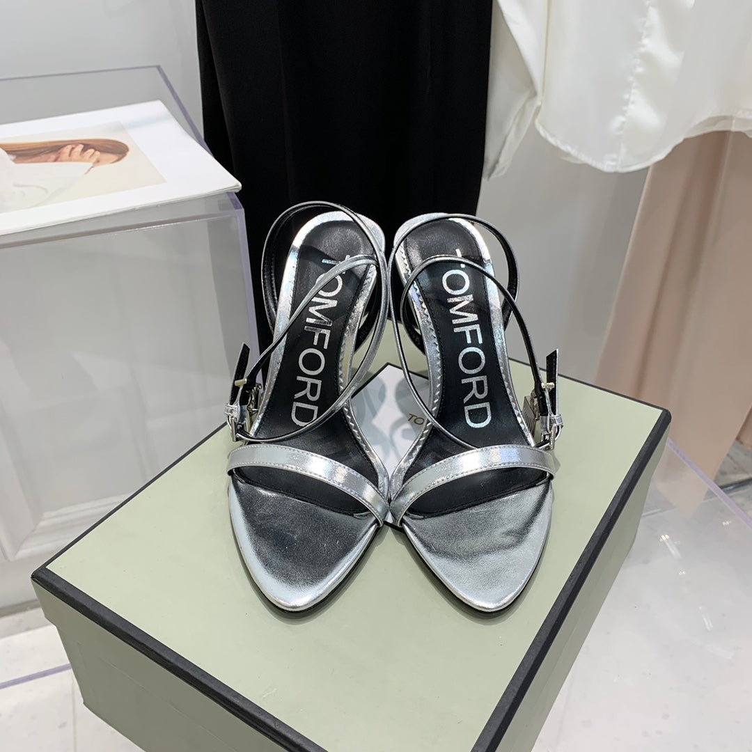 PADLOCK HIGH HEEL 10 CM SANDAL IN SILVER SHEEPSKIN