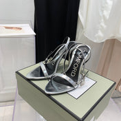 PADLOCK HIGH HEEL 10 CM SANDAL IN SILVER SHEEPSKIN