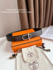 HM ITHAQUE BELT SILVER BUCKLE & REVERSIBLE CHOCOLATE BROWN AND BLACK LEATHER STRAP 38MM