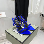 PADLOCK HIGH HEEL 10 CM SANDAL IN COBALT BLUE SHEEPSKIN