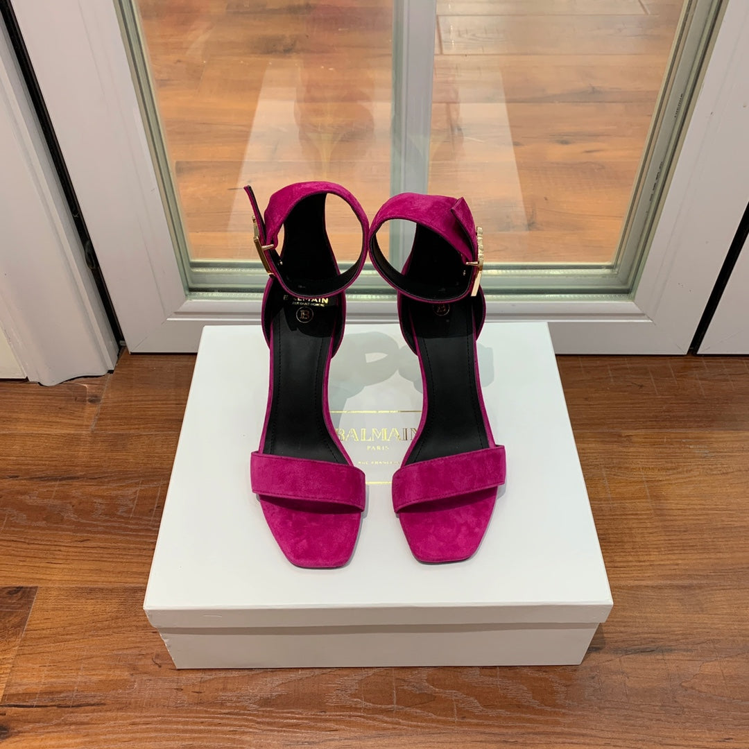 BALMAIN 25S THIN STRAP HIGH HEELS 105MM IN FUCHSIA SUEDE GOLD HARDWARE