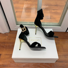 BALMAIN 25S THIN STRAP HIGH HEELS 105MM IN BLACK SUEDE GOLD HARDWARE
