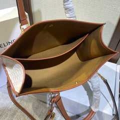 CELINE 25S HORIZONTAL CABAS 34MM IN WHITE TRIOMPHE CANVAS AND BROWN CALFSKIN