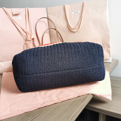 TOTE BAG 40 IN STRIPED PATTERN OF BLACK RED AND CREAM WHITE WOVEN RAFFIA