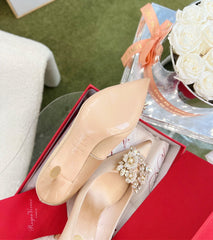 EFFLORESCENCE POINTED-TOE PUMPS IN NUDE SATIN WITH CRYSTAL BUCKLE