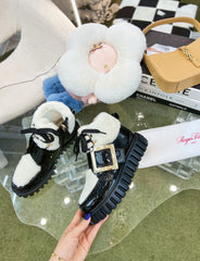 VIV' GO THICK ANKLE BOOTS IN BLACK CALFSKIN AND SHEARLING WITH GOLD BUCKLE