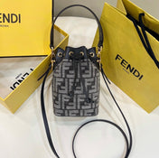 MON TRESOR MINI 18 BAG IN BLACK MIX GREY FF FABRIC WITH GOLD HARDWARE