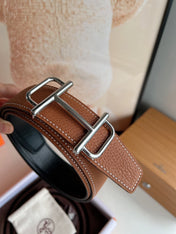 HM ROYAL BELT BUCKLE & REVERSIBLE NOIR AND CIDER ORANGE LEATHER STRAP 32 MM SILVER HARDWARE