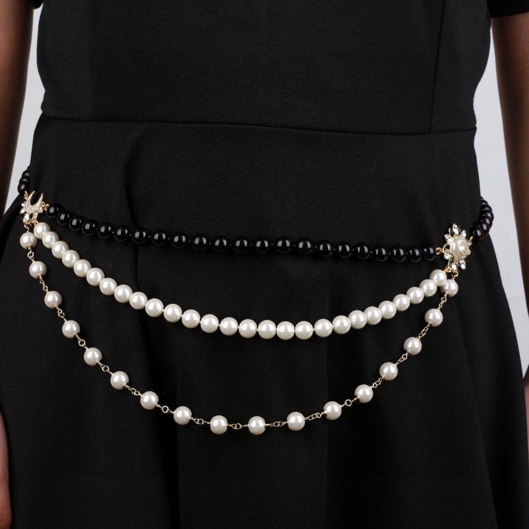 CHANEL 25S CHAIN BELT IN WHITE AND BLACK PEARL 614477