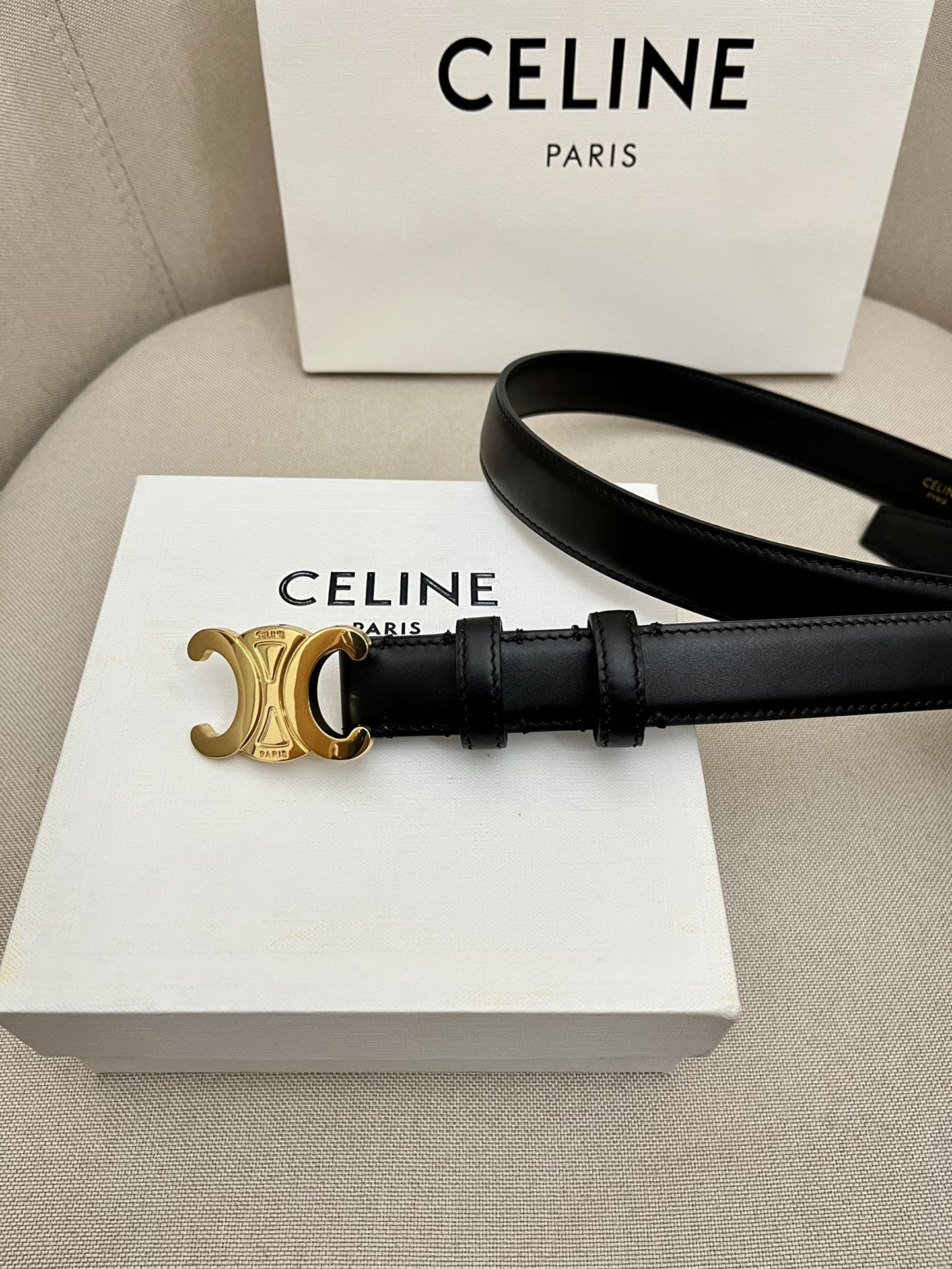 CELINE 25S TRIOMPHE 25MM BELT IN BLACK CALFSKIN GLOD HARDWARE