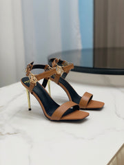 BALMAIN 25S HIGH HEELS WITH B METAL DETAIL 95MM IN CARAMEL CALFSKIN