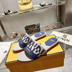 FF Women Roma Signature Blue Grey Canvas Leather Slide