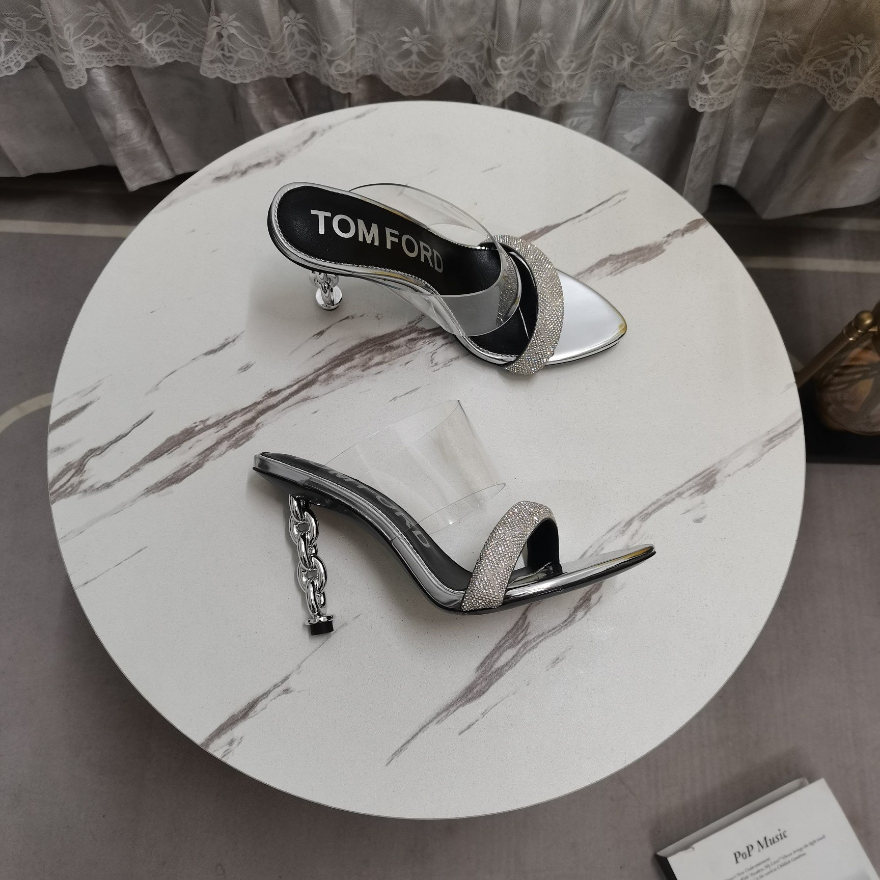 CRYSTAL HIGH HEEL MULE 10 CM IN SILVER LAMBSKIN