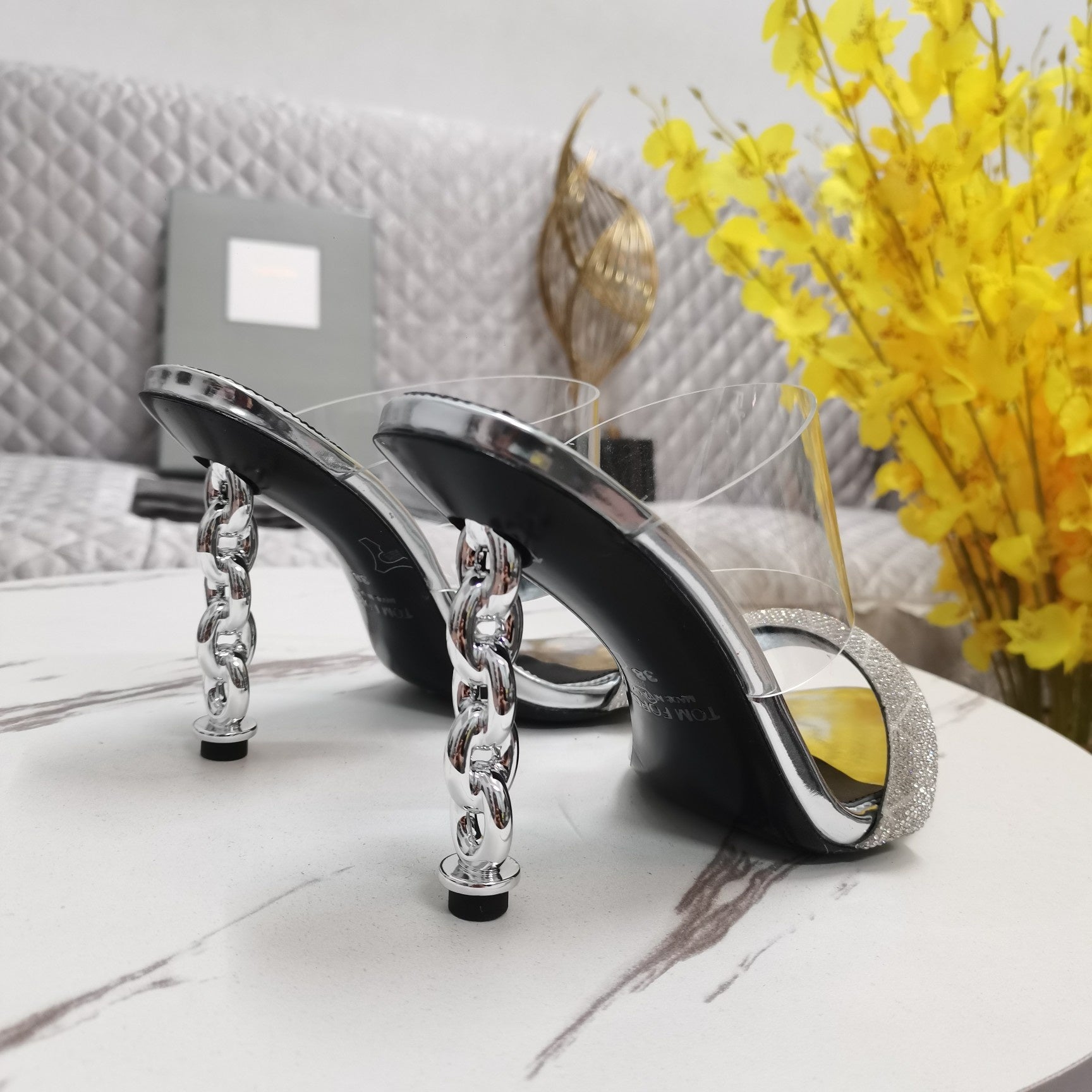 CRYSTAL HIGH HEEL MULE 10 CM IN SILVER LAMBSKIN