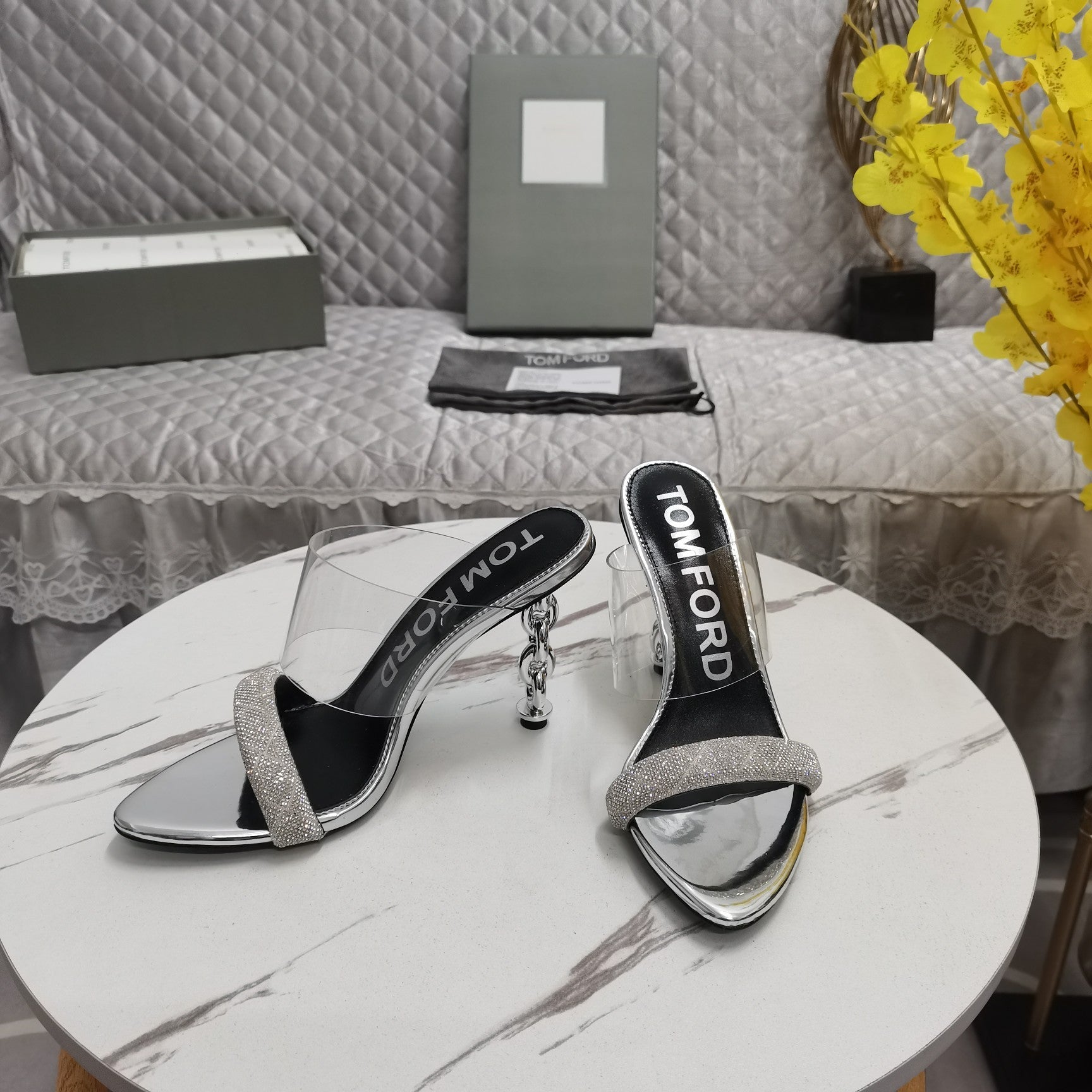 CRYSTAL HIGH HEEL MULE 10 CM IN SILVER LAMBSKIN