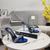 CRYSTAL HIGH HEEL MULE 10 CM IN NAVY BLUE LAMBSKIN