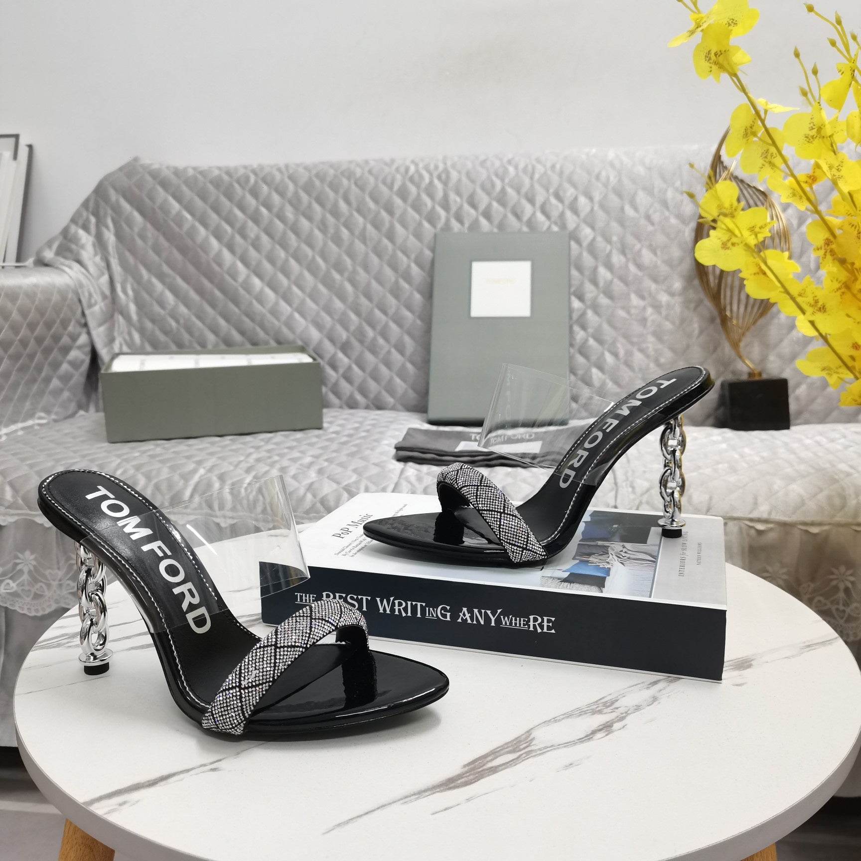 CRYSTAL HIGH HEEL MULE 10 CM IN BLACK LAMBSKIN