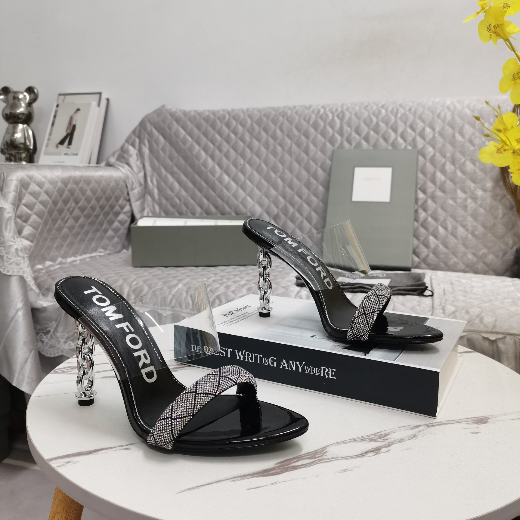 CRYSTAL HIGH HEEL MULE 10 CM IN BLACK LAMBSKIN