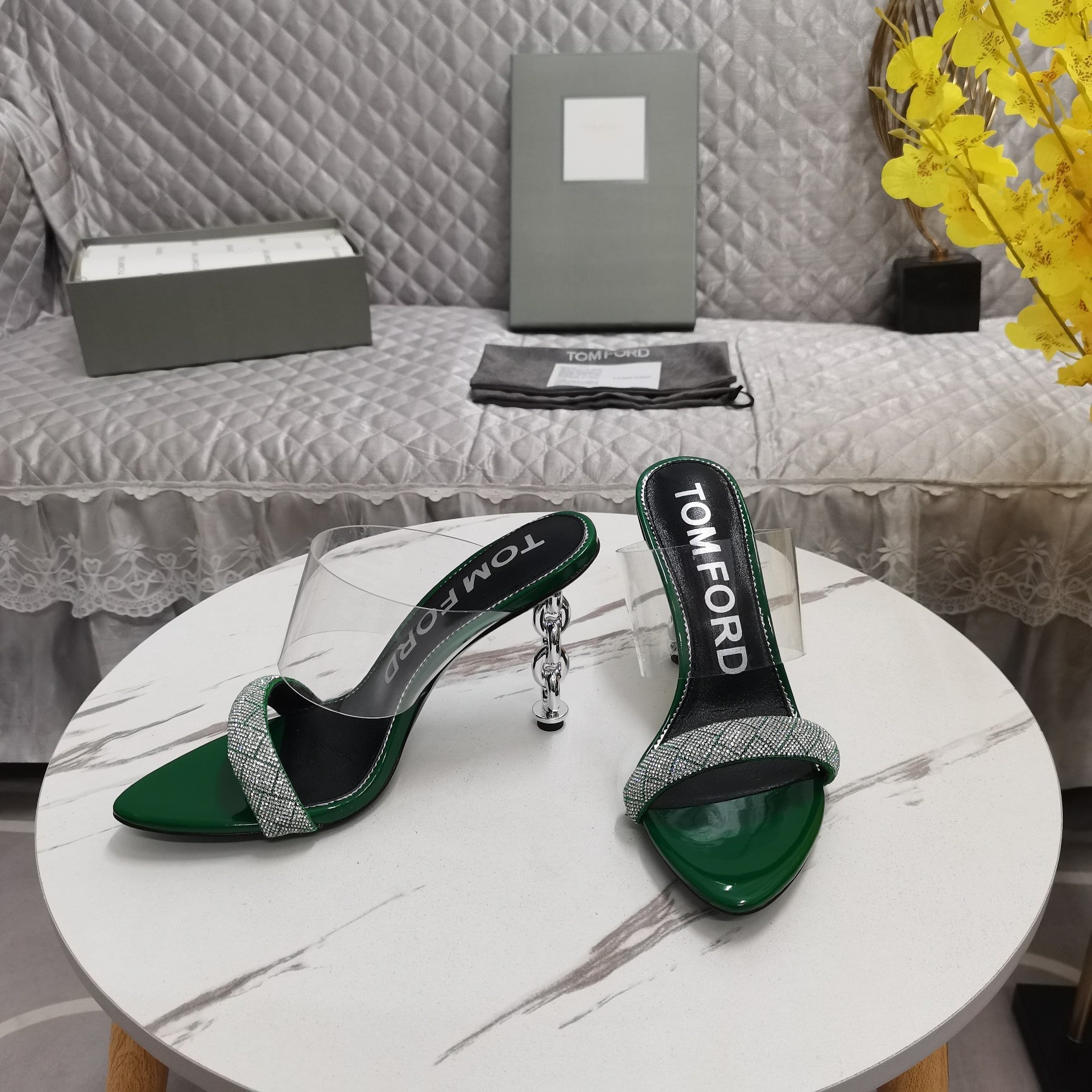 CRYSTAL HIGH HEEL MULE 10 CM IN GREEN FOREST LAMBSKIN