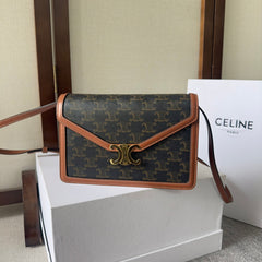 CELINE 25S WALLET MARGO 22MM IN BLACK TRIOMPHE CANVAS AND BROWN CALFSKIN