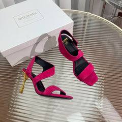 BALMAIN 25S HIGH HEEL SANDALS 95MM IN FUCHSIA SUEDE