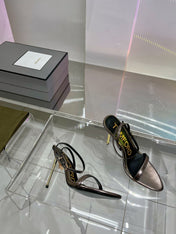 PADLOCK HIGH HEEL 10 CM SANDAL IN COFFEE BROWN SHEEPSKIN