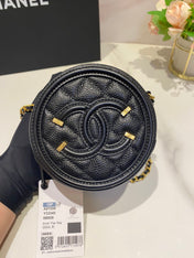 CC MINI 12 ROUND CHAIN BAG IN BLACK CALFSKIN GOLD HARDWARE