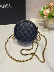CC MINI 12 ROUND CHAIN BAG IN BLACK CALFSKIN GOLD HARDWARE