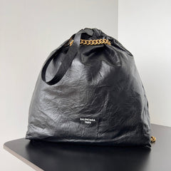 CRUSH LARGE TOTE BAG 46 IN BLACK CRUSHED CALFSKIN GOLD HARDWARE
