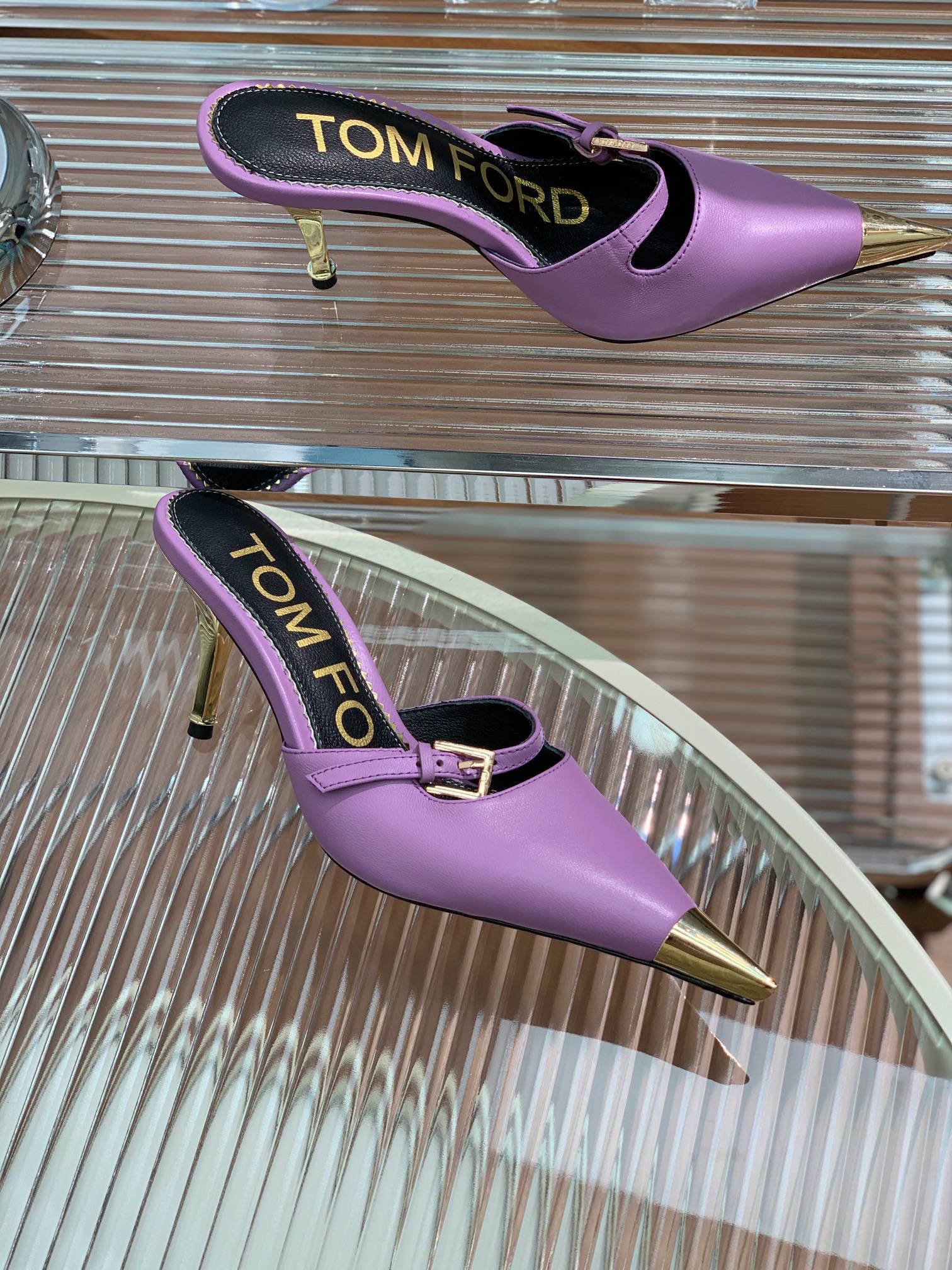 HIGH PUMP MULE 7 CM IN IRIS PURPLE CALFSKIN