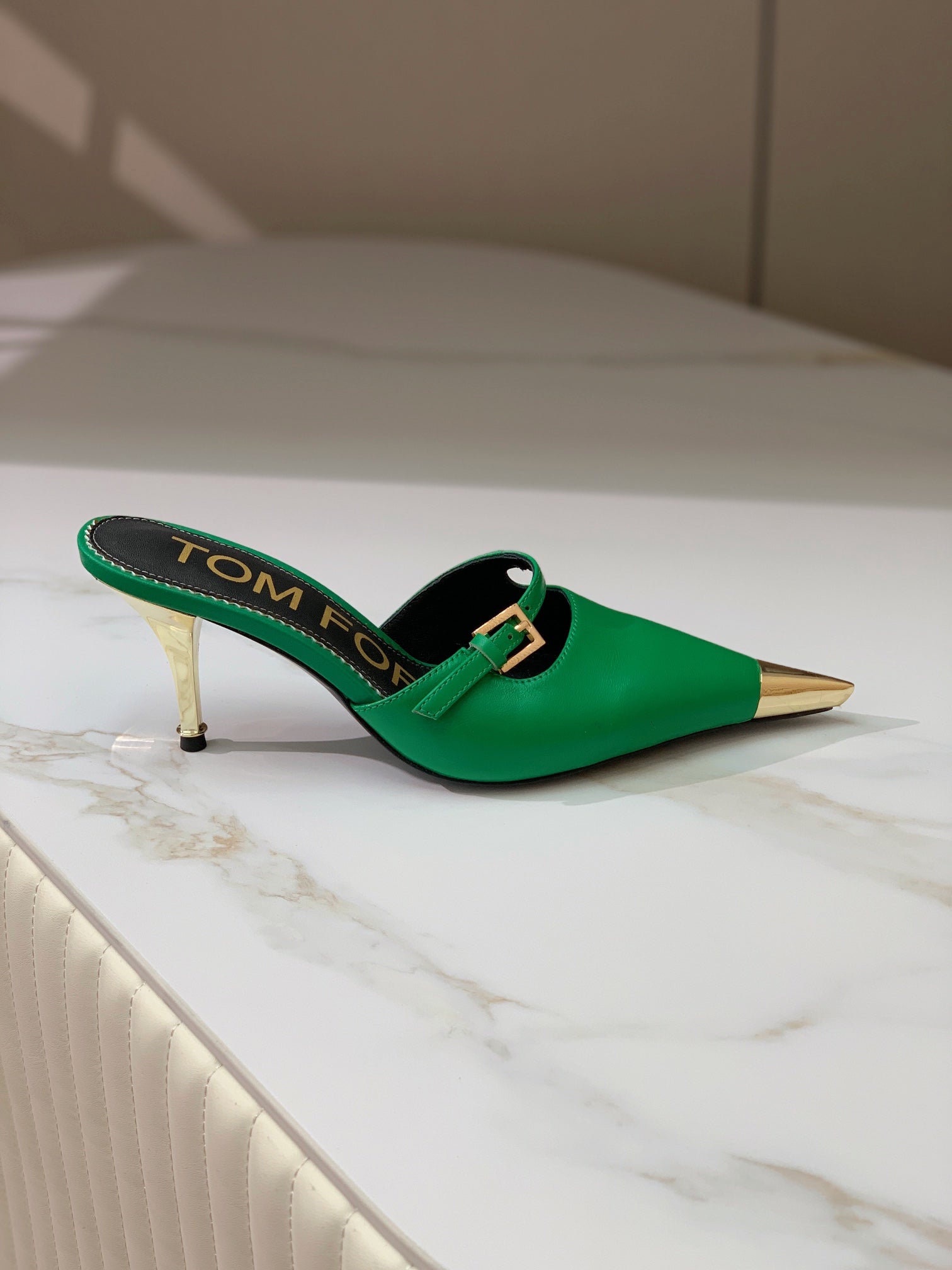 HIGH PUMP MULE 7 CM IN EMERALD GREEN CALFSKIN