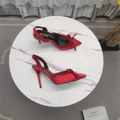 SLINGBACK PUMPS 10 CM IN CHERRY RED SILK AND SUEDE