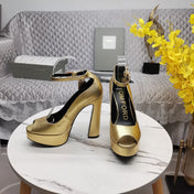 PADLOCK PLATFORM PEEP TOE PUMP 14 CM IN GOLD GRAINED CALFSKIN