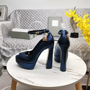 PADLOCK PLATFORM PEEP TOE PUMP 14 CM IN NAVY BLUE GRAINED CALFSKIN