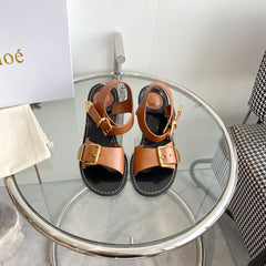 CHLOÉ REBECCA LOW HEELED SANDAL IN CINNAMON BROWN LAMBSKIN GOLD HARDWARE