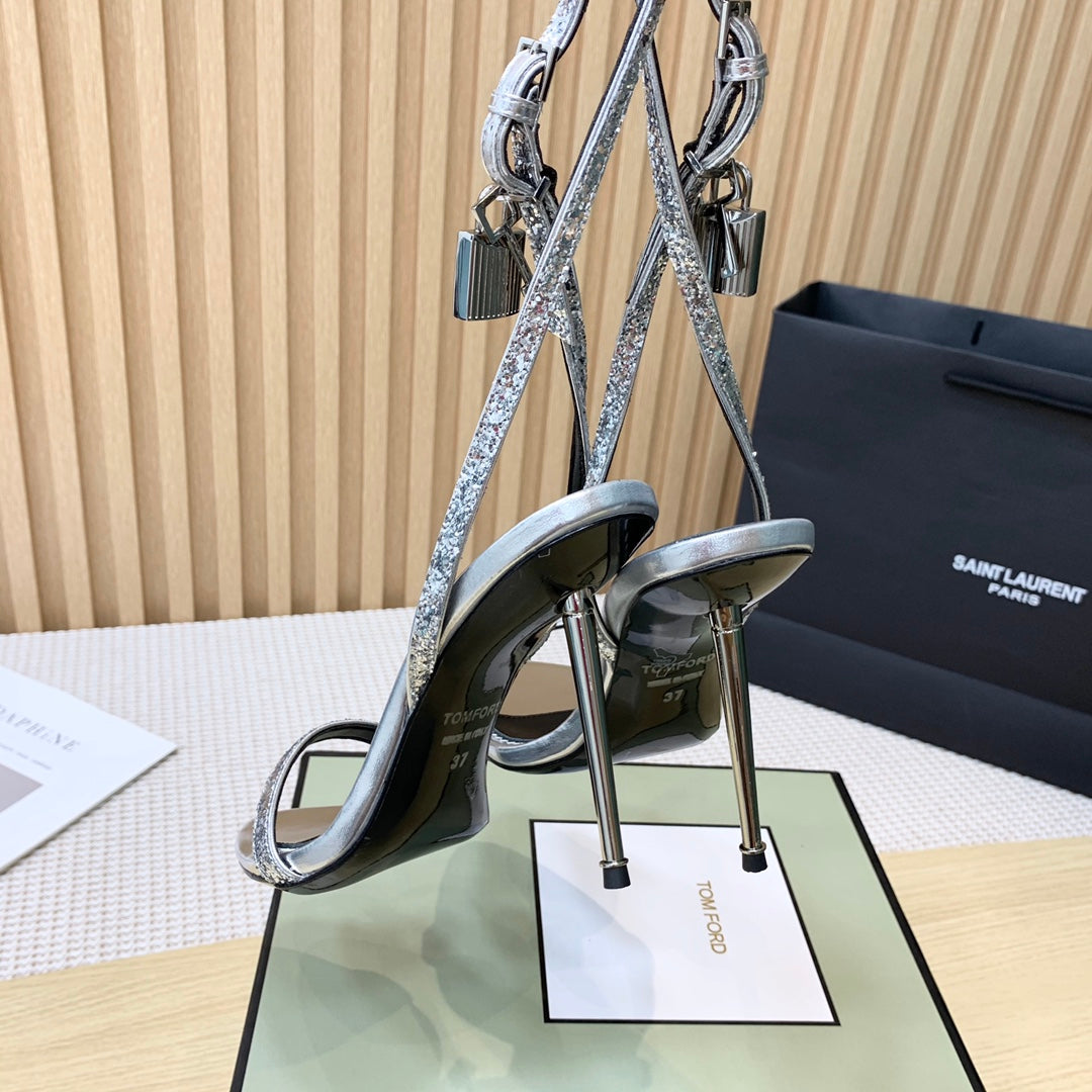 CRYSTAL PADLOCK HIGH HEEL 10 CM SANDAL IN SILVER SHEEPSKIN