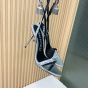 CRYSTAL PADLOCK HIGH HEEL 10 CM SANDAL IN SILVER SHEEPSKIN