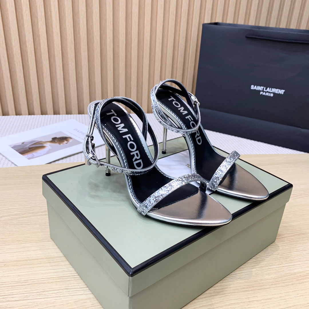 CRYSTAL PADLOCK HIGH HEEL 10 CM SANDAL IN SILVER SHEEPSKIN