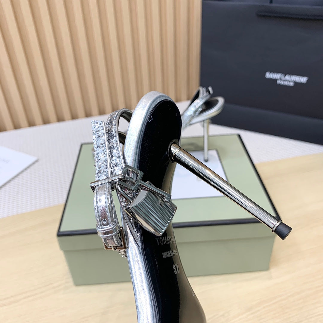 CRYSTAL PADLOCK HIGH HEEL 10 CM SANDAL IN SILVER SHEEPSKIN