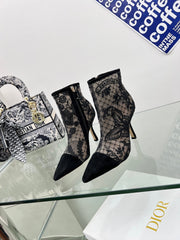 DIOR 25S POINTED-TOE ANKLE BOOTS 95 MM IN BLACK MESH TULLE AND SUEDE STYLE 1