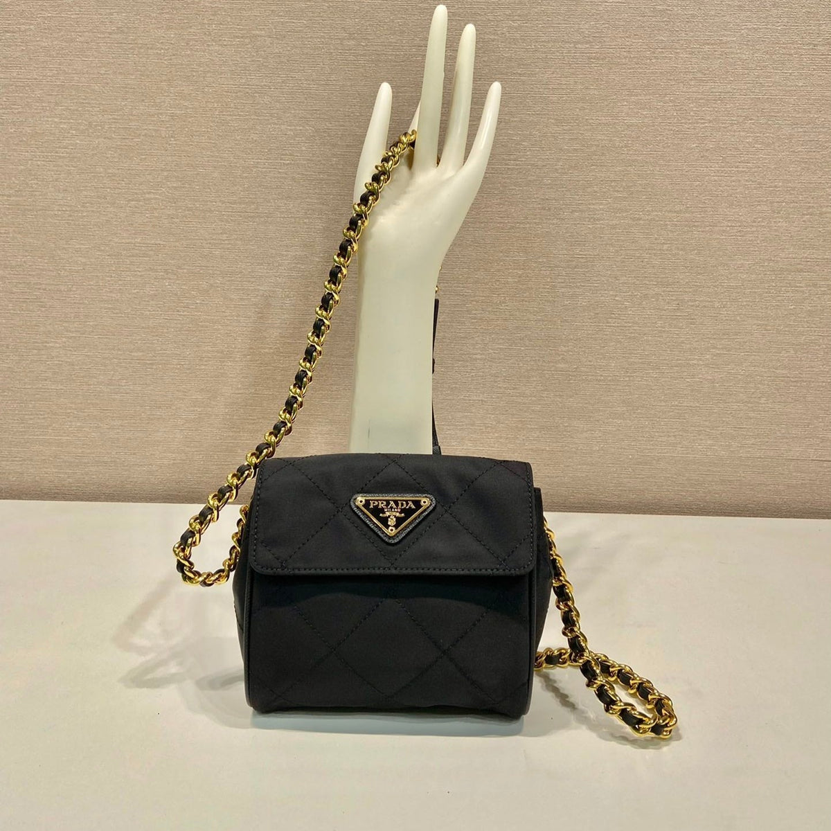 MINI QUILTED FLAP BAG 14 IN BLACK RE-NYLON FABRIC GOLD CHAIN