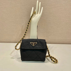 MINI QUILTED FLAP BAG 14 IN BLACK RE-NYLON FABRIC GOLD CHAIN