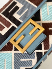 Fend Baguette Sky Blue and Multicolour Canvas Bag 27 with FF Embroidery Ghw