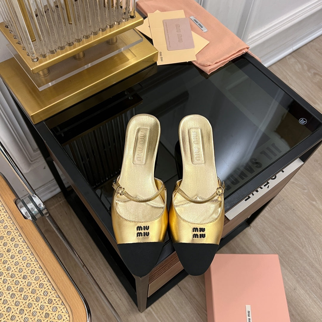 Cap Toe Mules Metallic Gold Color Sheepskin